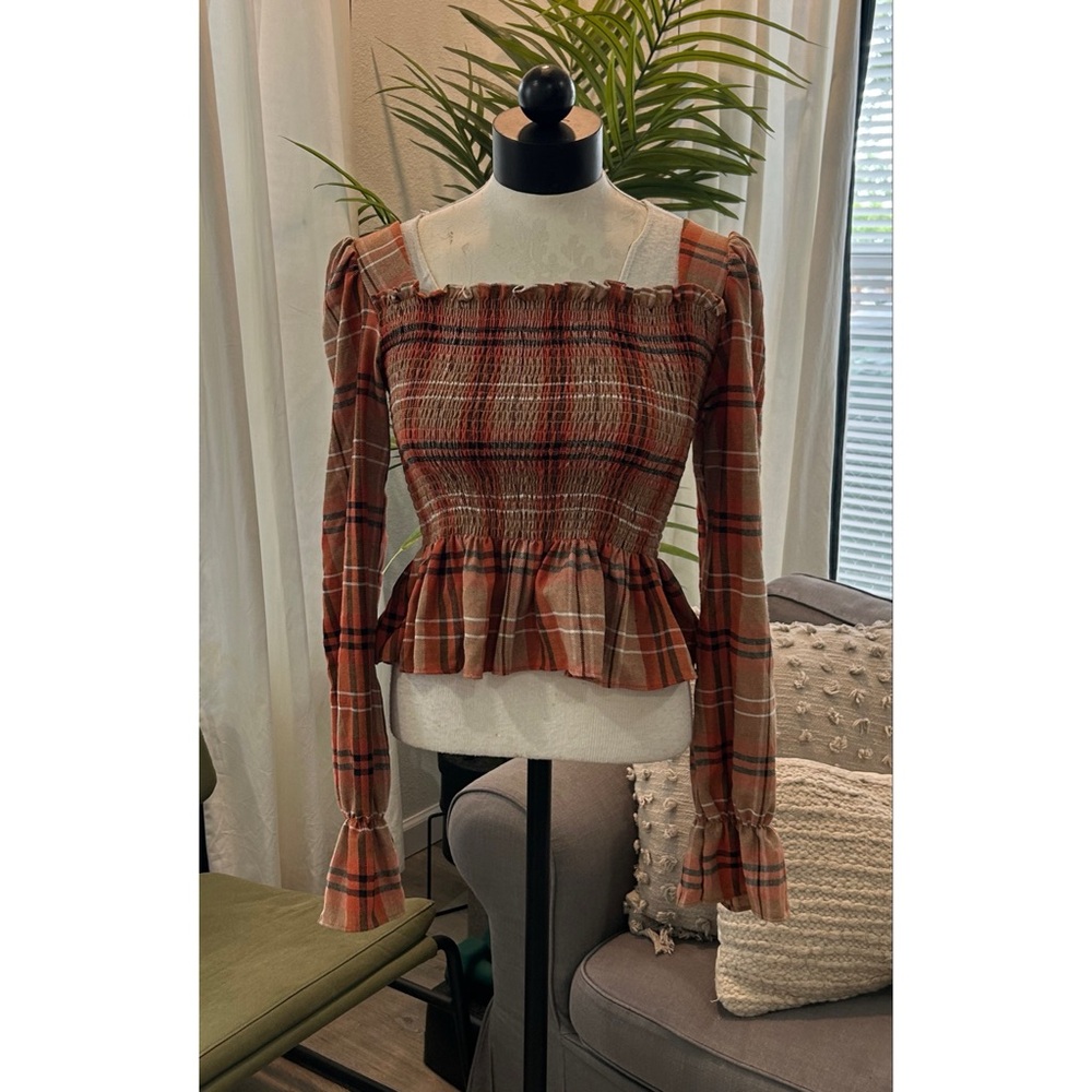 MELLO Women’s Long Sleeves Peplum Ruched Blouse Square Neck Plaid Size Small